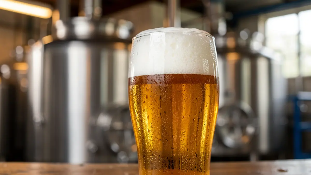 Imagen de primer plano de un vaso de cerveza con espuma, con cubas de acero al fondo desenfocado.