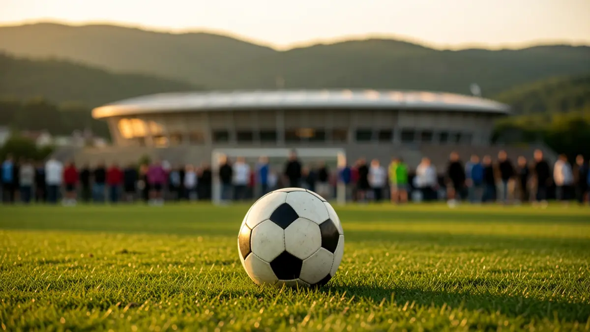 Soccer ball on grass with a blurred stadium silhouette in the background.