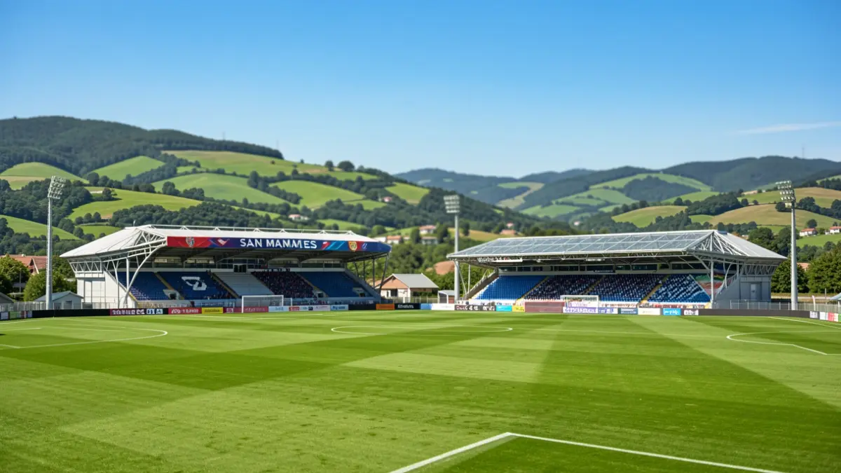 Imagen genérica de dos estadios de fútbol, San Mamés y Anoeta, con las colinas verdes del País Vasco al fondo.