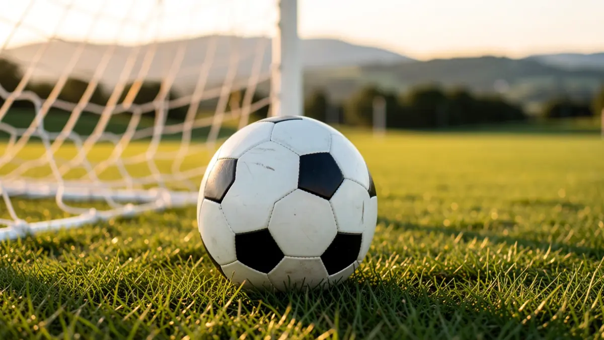 Balón de fútbol sobre hierba, red de portería difuminada al fondo.
