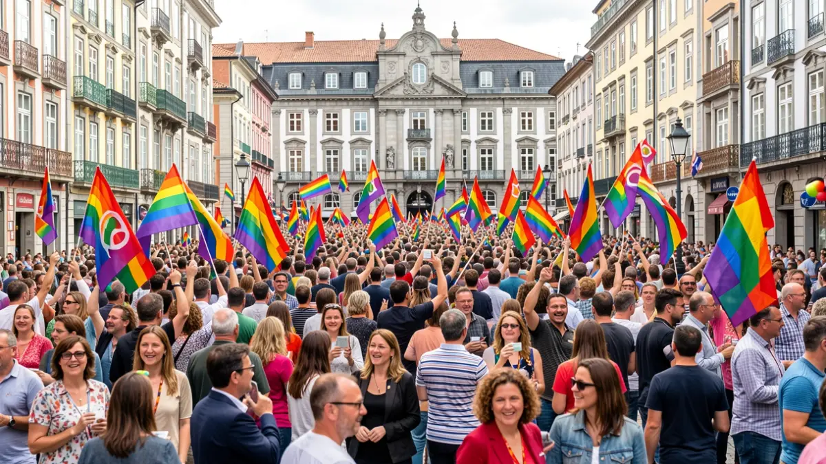 A crowded image of the Harro festival celebrated in the streets of Bilbao, with colorful flags.