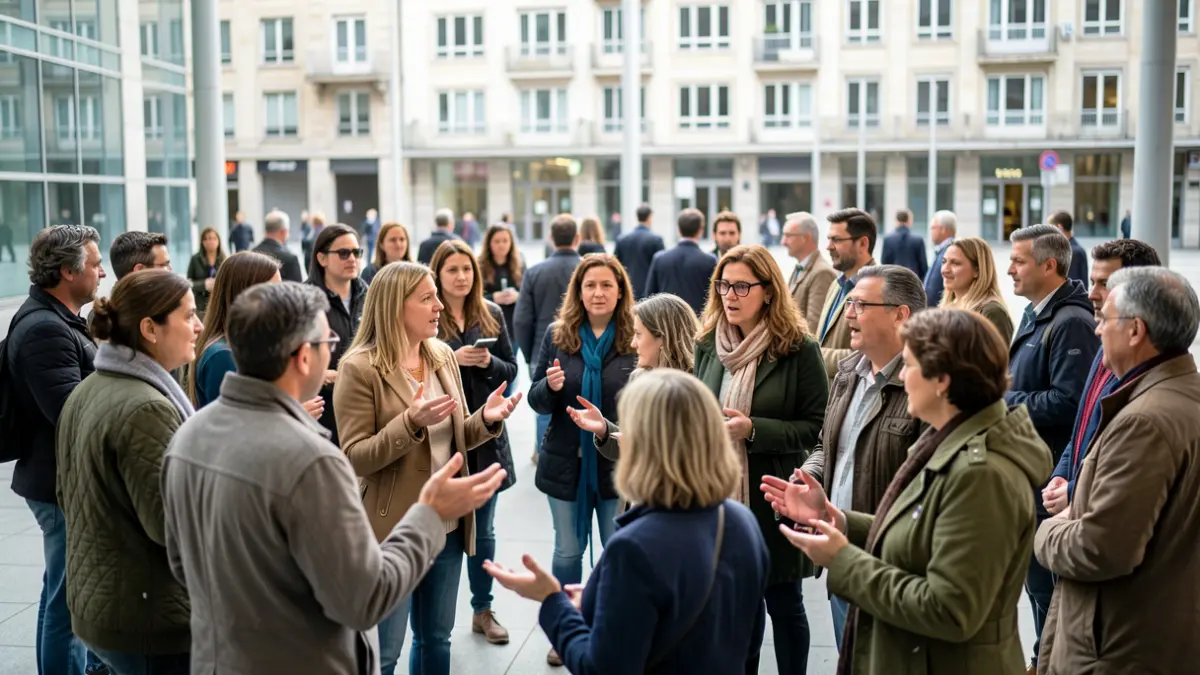 A diverse group of Bilbao citizens of various ages and genders gathered in a modern public space, discussing and gesturing, with blurred city hall architecture in the background.