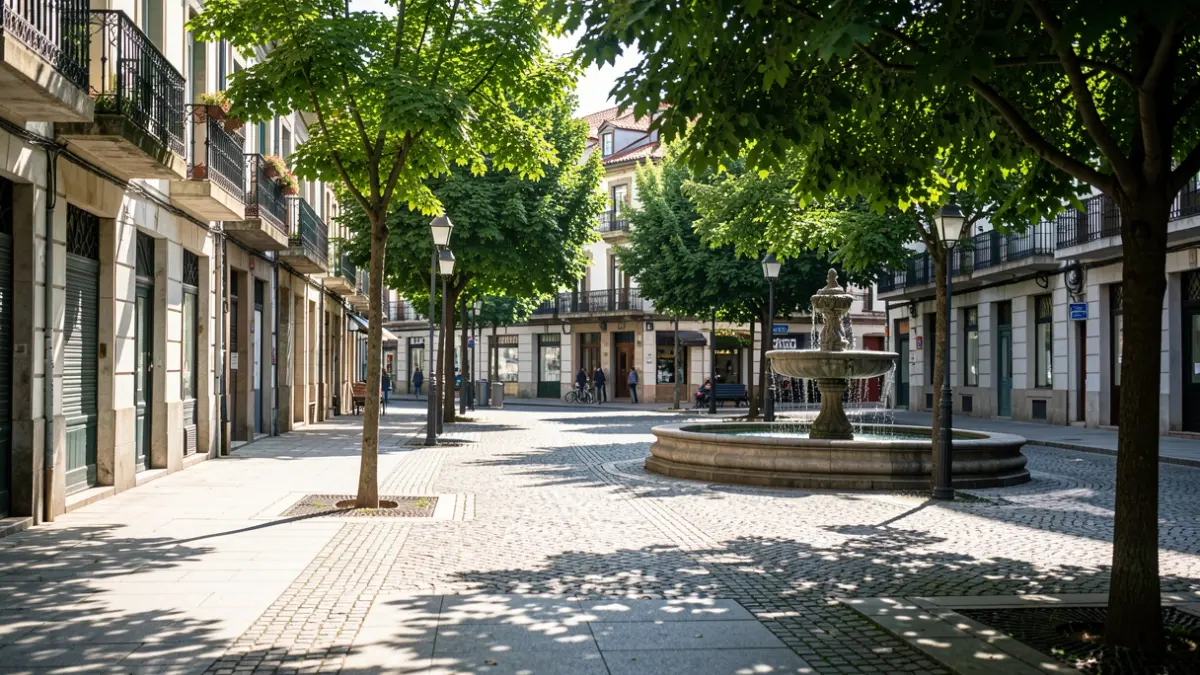 Una calle de Bilbao con intensa luz solar, mostrando senderos peatonales sombreados y árboles verdes, con una fuente pública visible.