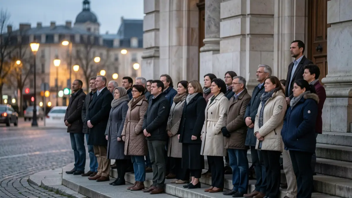 Generic image: Diverse group of people standing in silence on the steps of a stone building, reflecting an atmosphere of solidarity and reflection.