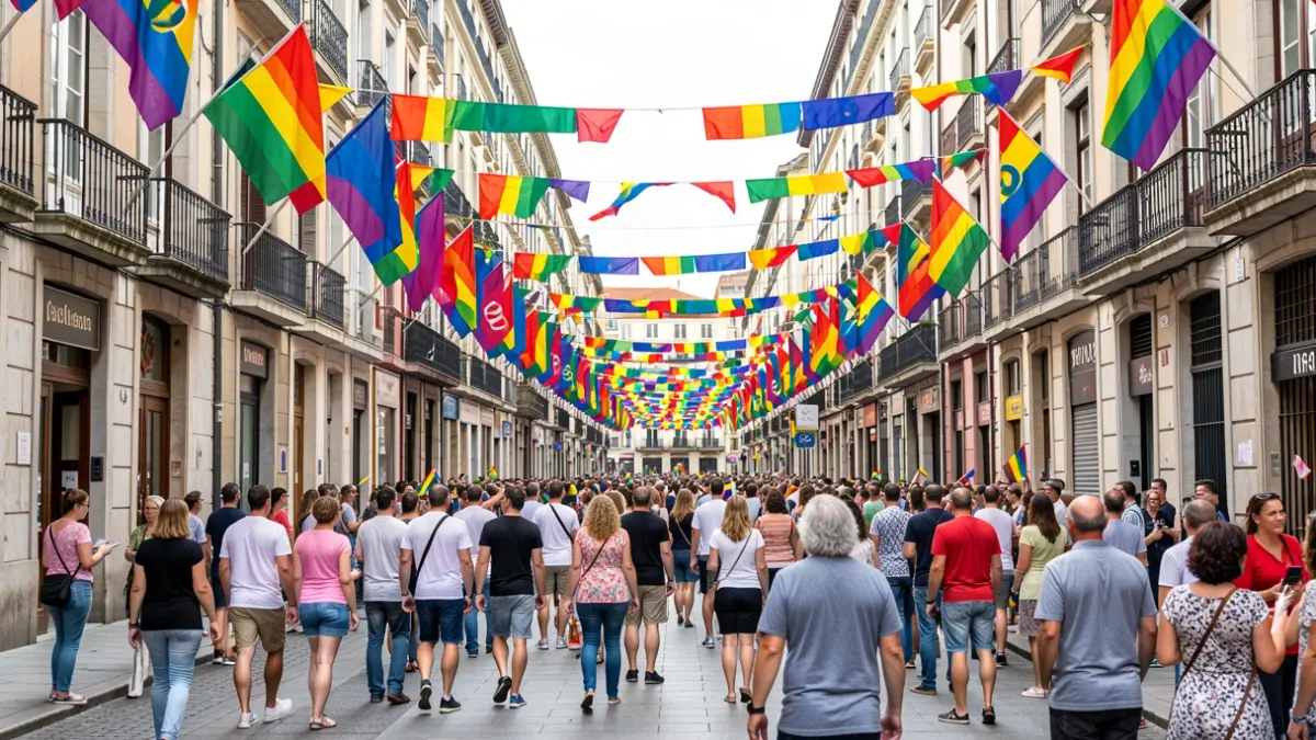 Bilbao streets adorned with color during the Pride celebration.