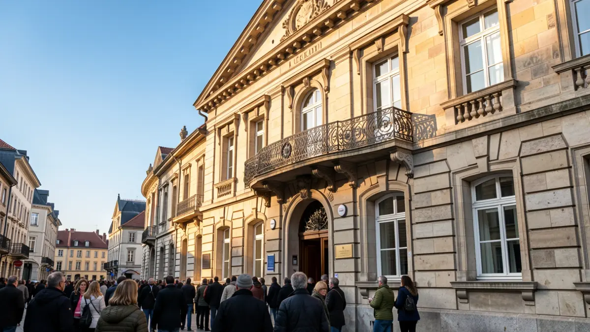 Euskal Herriko udaletxe baten harrizko fatxada balkoi apaingarriarekin eta burdinazko barandekin, arratsaldeko eguzki beroak harrietan itzalak sortuz, zeru urdina.