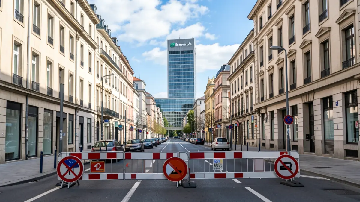 Street view of Abandoibarra avenue in Bilbao during the day, with the Iberdrola Tower visible in the background. The street is partially blocked by temporary barriers and signage indicating traffic restrictions. Blue sky with some clouds.