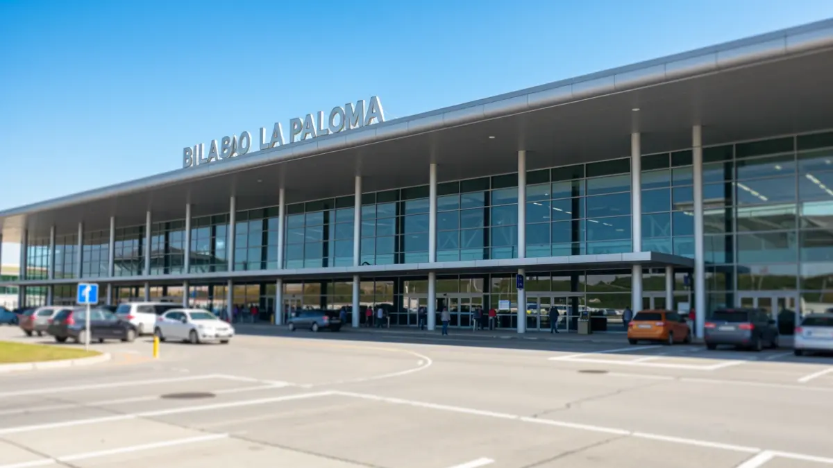 Exterior view of Bilbao Airport (La Paloma) terminal building with a clear blue sky and modern architecture.