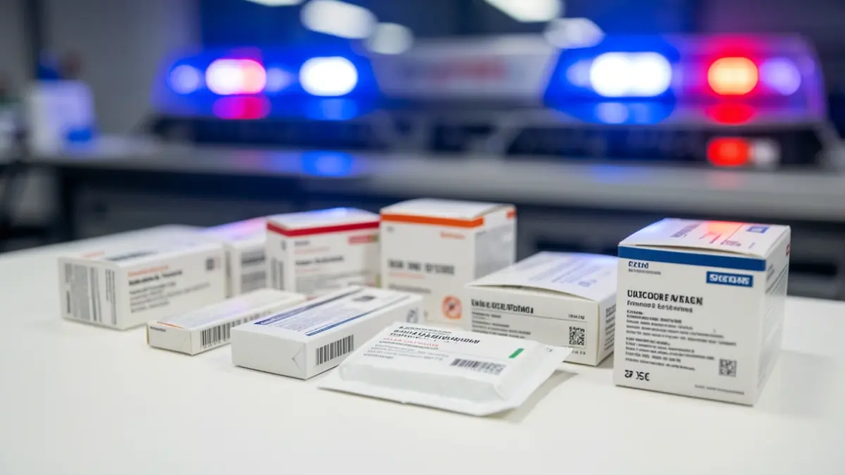 Imagen genérica de paquetes de medicamentos y luces rojas y azules.