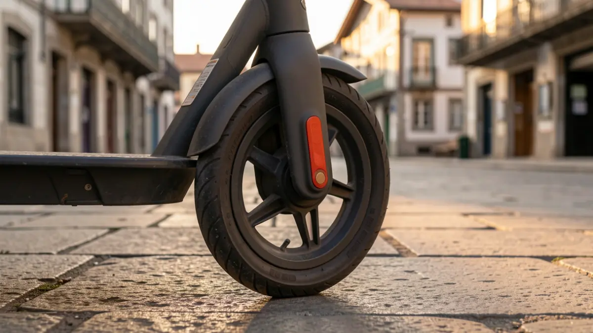 Imagen genérica: Primer plano de la rueda de un patinete eléctrico aparcado en una acera empedrada de Bilbao, la cálida luz de la tarde proyectando suaves sombras, con arquitectura vasca tradicional desenfocada al fondo.