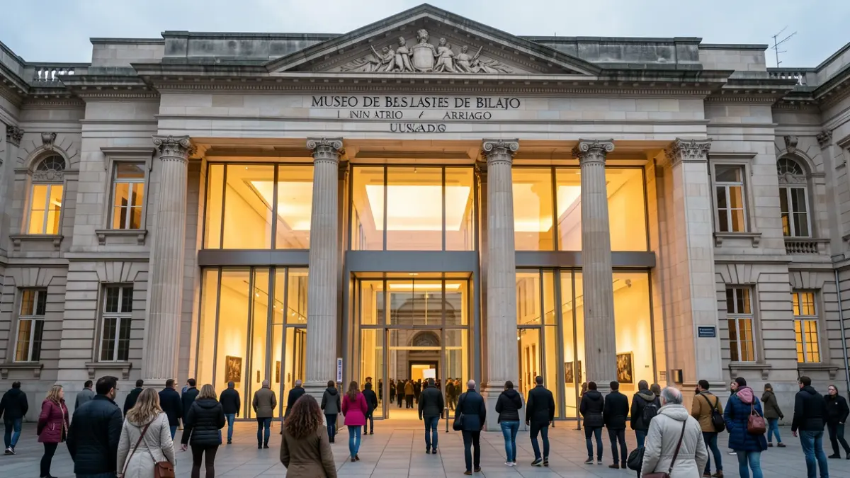 Bilboko Arte Ederren Museoko fatxada, Atrio Arriaga berria erakusten duena, diseinu klasikoarekin integratutako elementu arkitektoniko modernoekin. Argitasun epel eta atsegina espazioa argitzen du, museoaren bihotz gisa duen eginkizuna iradokiz. Euskal arkitektura estiloa.