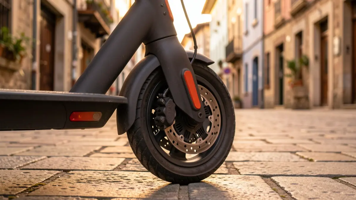 Irudi generikoa: Euskal Herriko herri bateko harrizko espaloi batean aparkatuta dagoen patinete elektriko baten gurpilaren hurbileko irudia, arratsaldeko argi epelez.