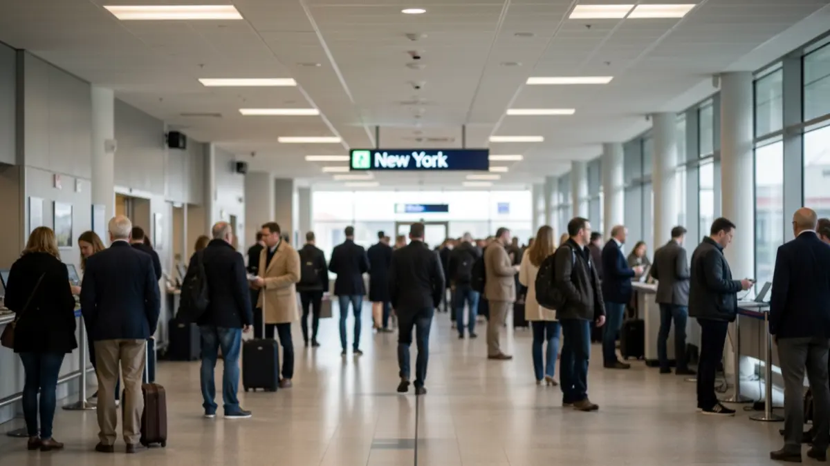 Imagen genérica de un área de puerta de embarque de aeropuerto con un cartel borroso que indica 'Nueva York'.