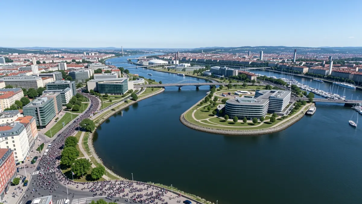 Aerial view of Bilbao's river estuary, highlighting the development areas of Zorrotzaurre and Olabeaga.