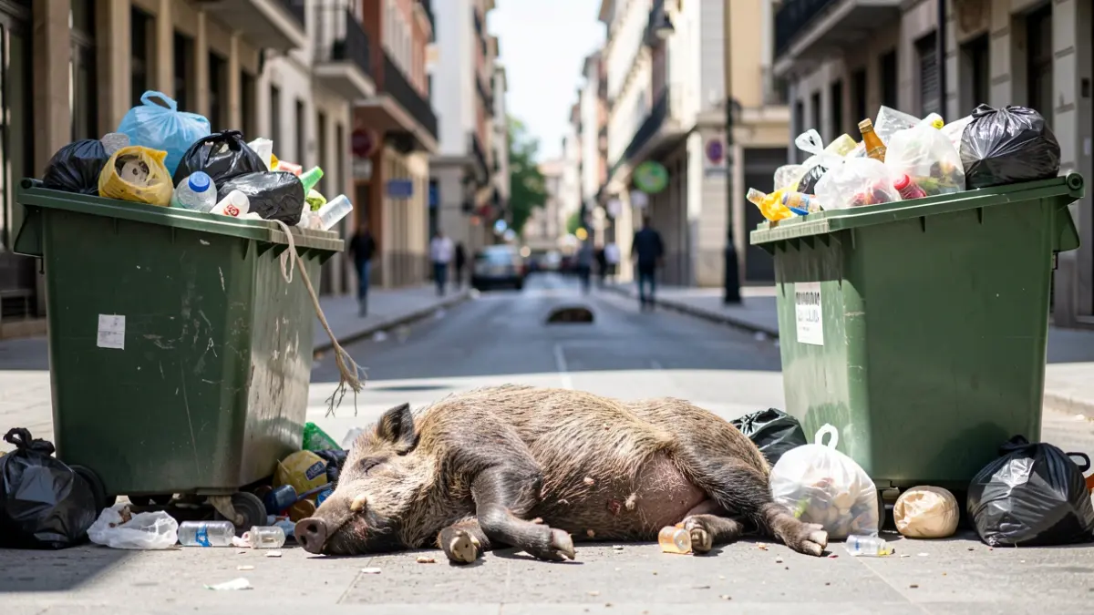 Generic image: A dead wild boar between garbage bins on a Bilbao street.