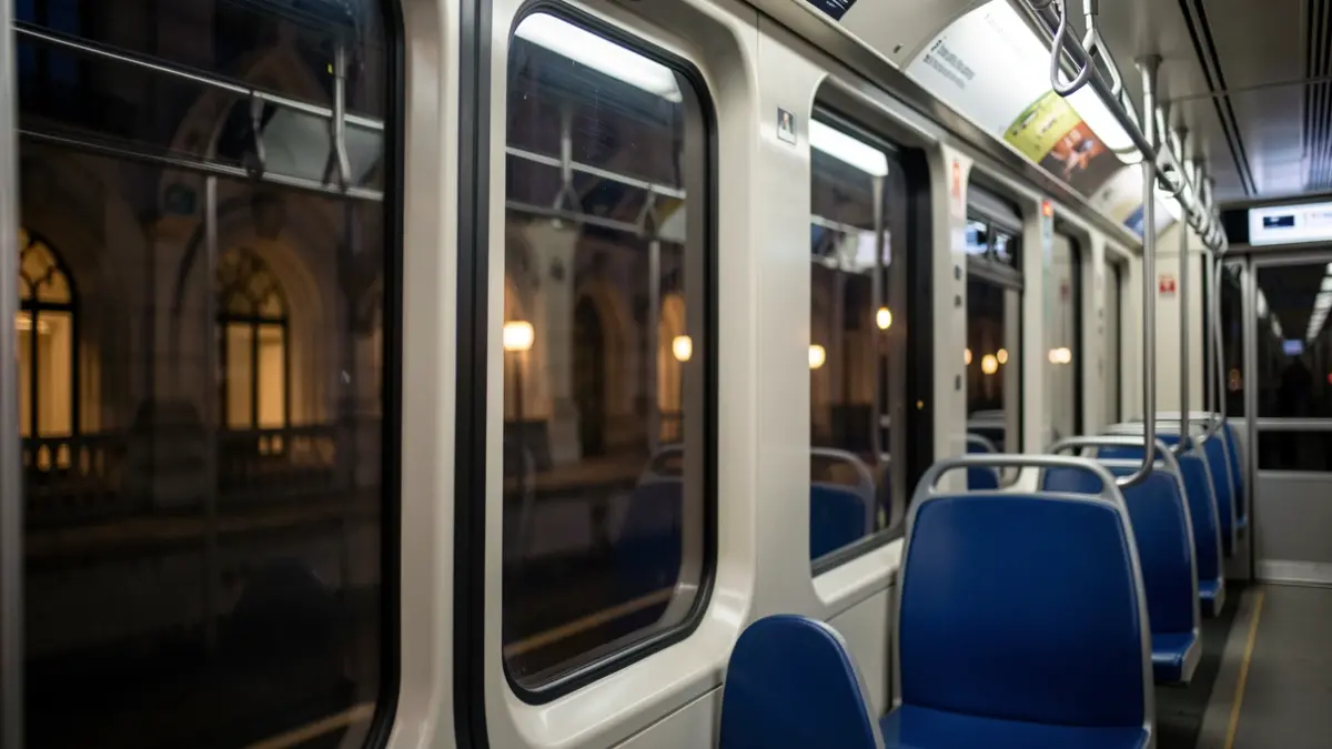 Interior of a metro train at night, with empty seats and soft interior lighting reflecting on the windows.