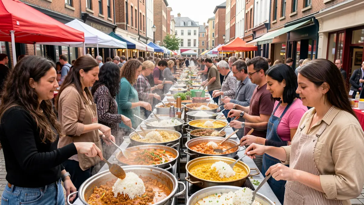 Imagen genérica: fiesta callejera donde personas de diversos orígenes degustan platos de arroz.