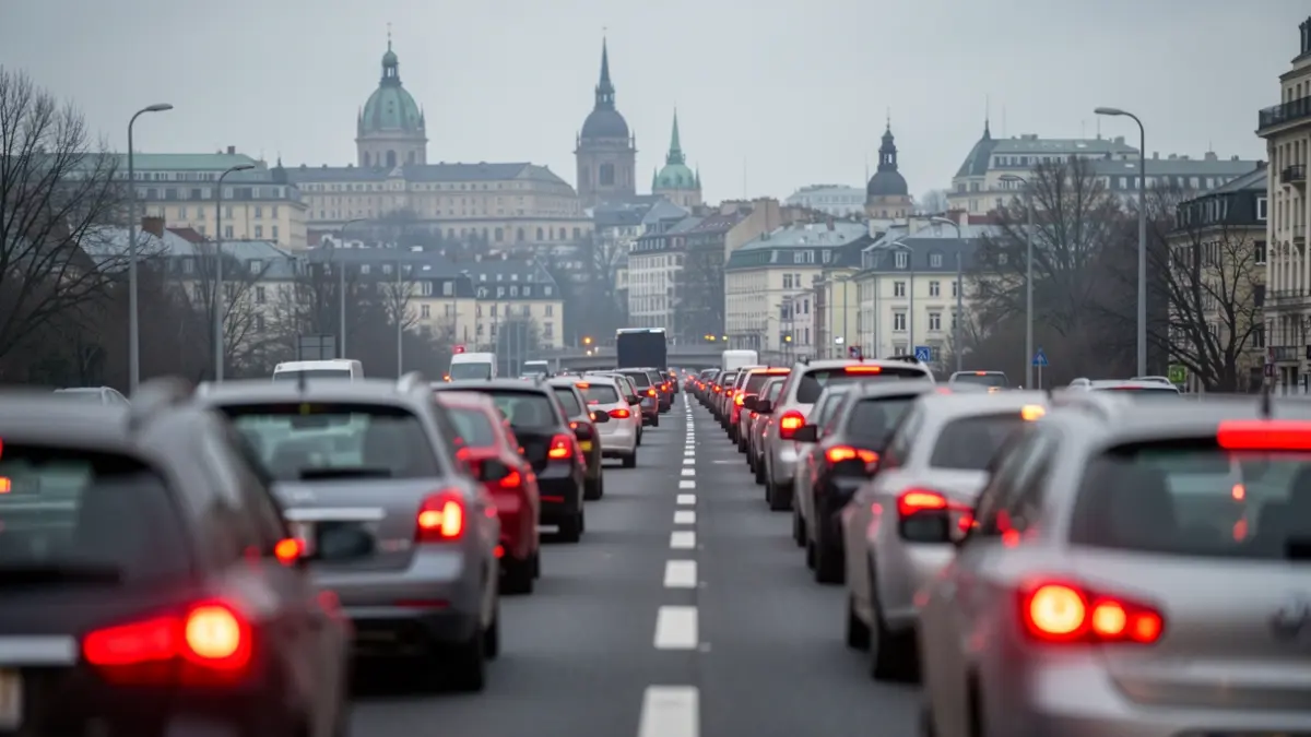 Generic image of a long traffic jam on a city entrance.