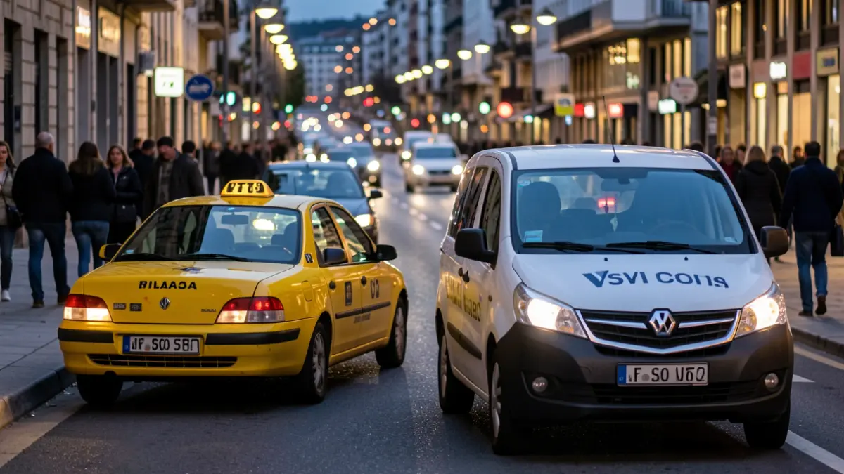 Irudi generiko bat taxi eta VTC ibilgailuei buruz, Bilboko kale batean ilunabarrean.