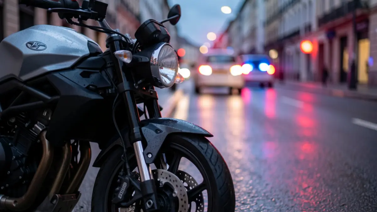 Imagen genérica: rueda delantera y manillar de una motocicleta, con luces de emergencia rojas y azules reflejándose en el asfalto mojado.