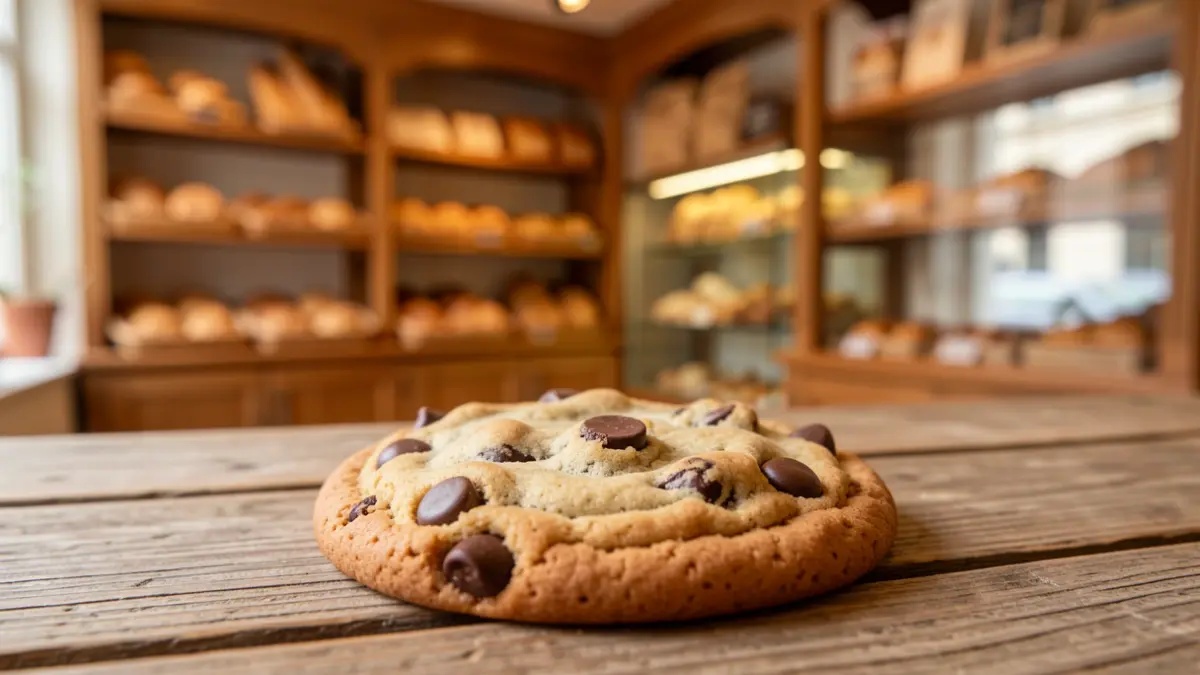 Close-up of a freshly baked cookie with chocolate chips, on a rustic wooden surface. Warm, soft lighting highlights the cookie's texture. In the blurred background, the interior of a cozy shop with shelves stocked with baked goods.