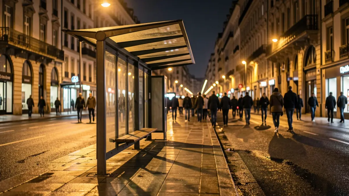 Parada de autobús de Bilbao vacía por la noche, las cálidas farolas proyectan largas sombras sobre el pavimento mojado, fachadas de edificios borrosas.