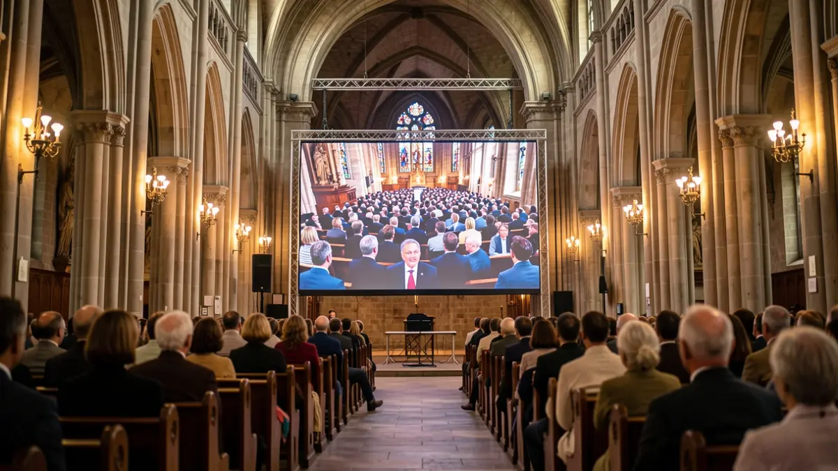 Imagen genérica del interior de una iglesia con una pantalla gigante.