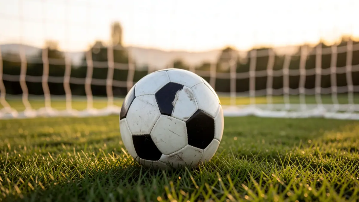 Un balón de fútbol sobre césped, con la red blanca desenfocada.