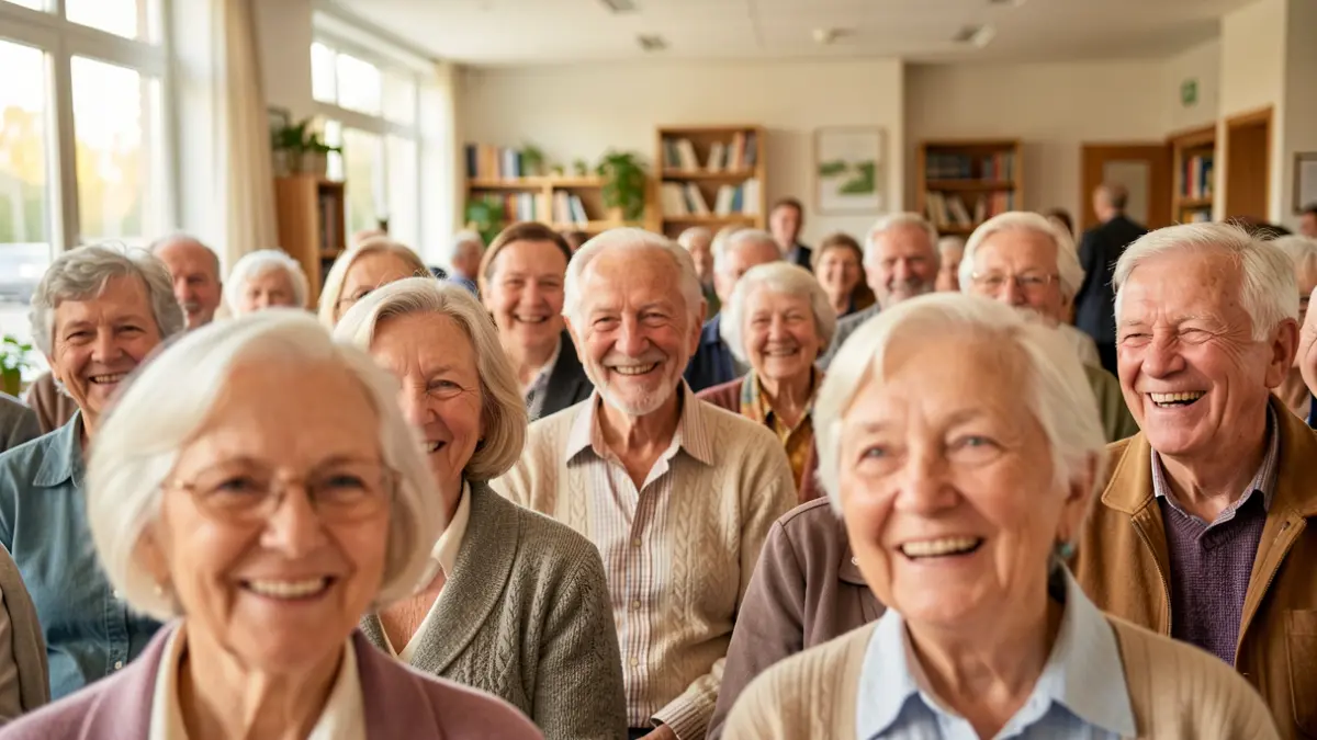 Grupo de personas mayores sonriendo en un centro comunitario.