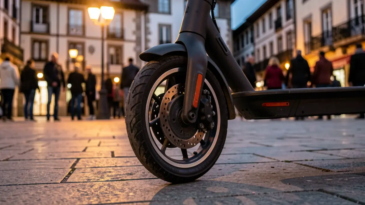 Irudi generikoa: Euskal Herriko plaza batean iluntzean aparkatutako patinete elektriko baten gurpilaren hurbileko plano bat, kale-argi beroek itzal luzeak botatzen dituztela eta atzean arkitektura tradizional lausoa.