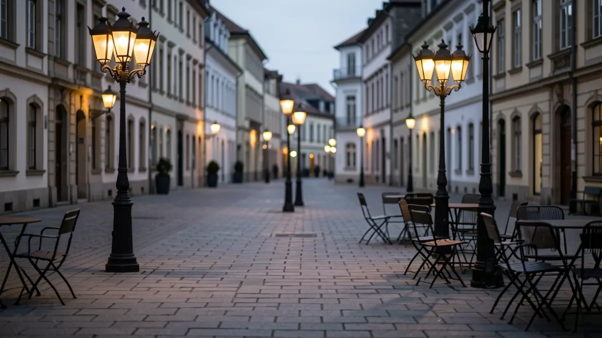 Generic image of a town square in Euskadi at dusk.