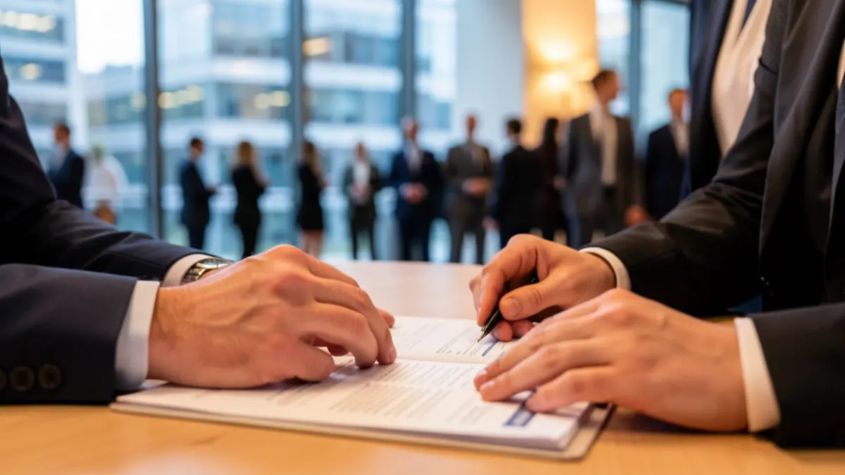 Generic image of an executive's hands reviewing financial documents on an office desk.