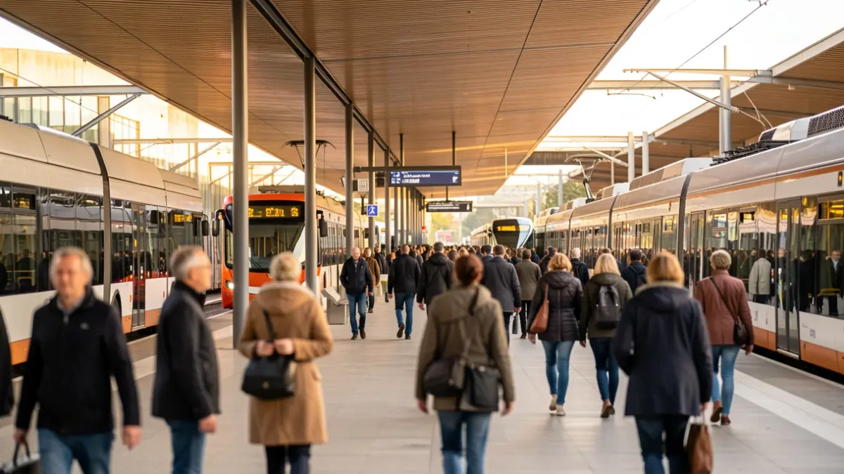 Generic image: A modern public transport hub in Euskadi, with blurred figures of people and bus and train lines.