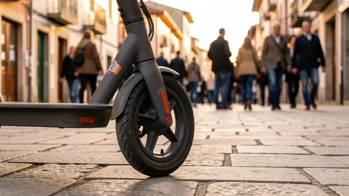 Close-up image of an electric scooter wheel parked on a stone-paved sidewalk in a Basque town, warm evening light.