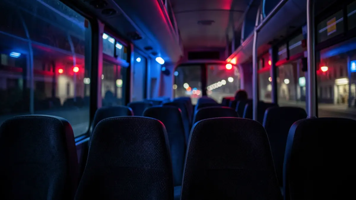 Empty bus interior at night, with red and blue emergency lights reflecting on the windows.