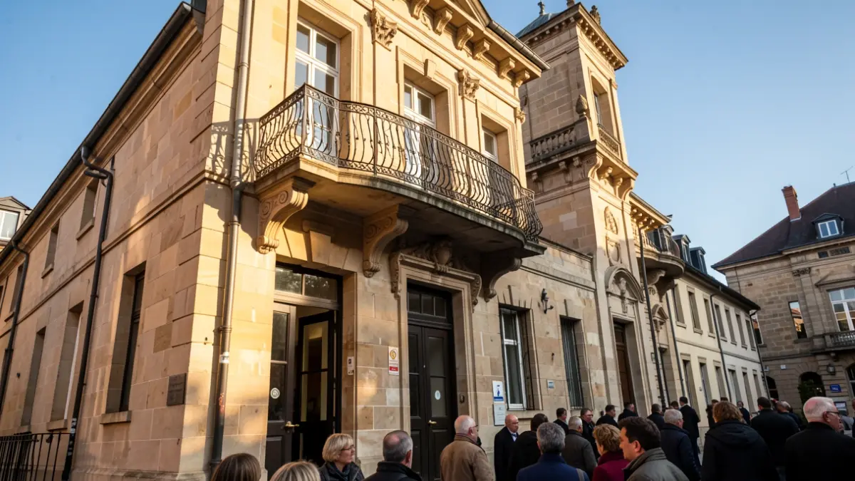 Generic image of a stone facade of a Euskadi town hall with balcony and iron railings, warm afternoon sunlight casting shadows, blue sky.