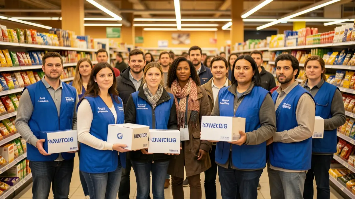 Un grupo de voluntarios en un supermercado con cajas de donación en las manos.
