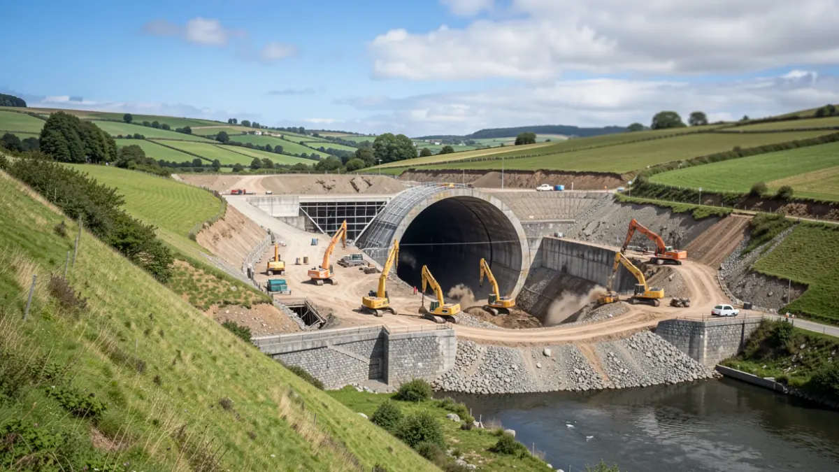 Imagen genérica: Zona de obras de un túnel bajo un río en Bizkaia, con maquinaria pesada y trabajos de excavación visibles.