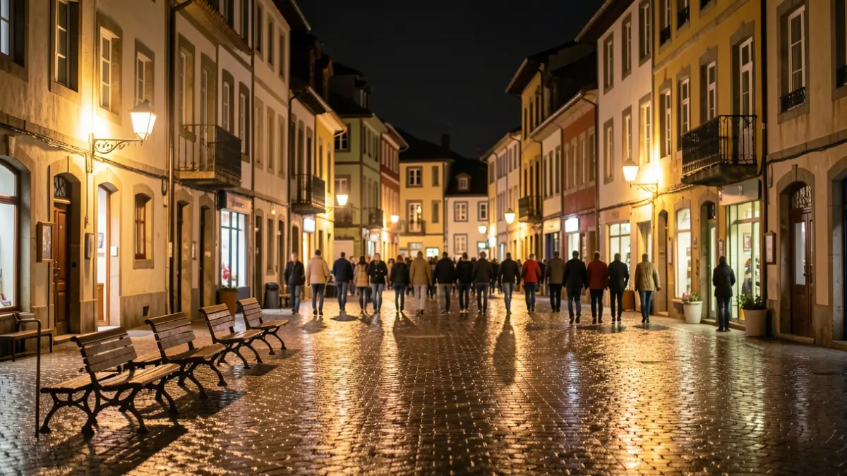 Plaza de pueblo vasco por la noche, luces cálidas reflejándose en el pavimento mojado, fachadas de edificios difuminadas.