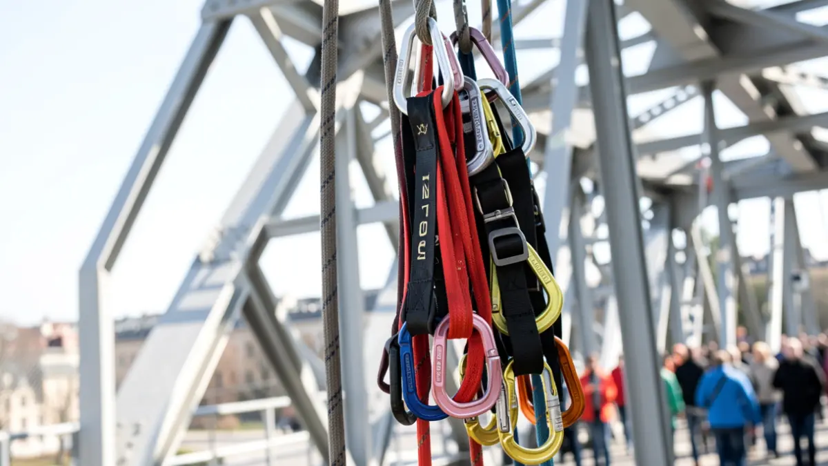 Technical rescue equipment, carabiners and ropes in front of a bridge structure.