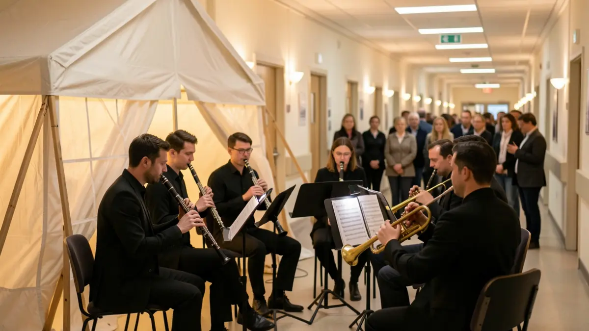 Interior of a hospital hallway transformed into a concert venue, with a small orchestra ensemble playing classical music. Professional musicians in black attire, with instruments like flutes, oboes, and trumpets. A provisional tent structure is visible. Soft, warm lighting creates a serene atmosphere. Focus on the musicians and instruments, with blurred hospital background elements.
