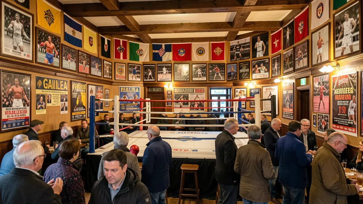 Generic image of the interior of the 'Galilea' bar, with athlete photos and a boxing corner.