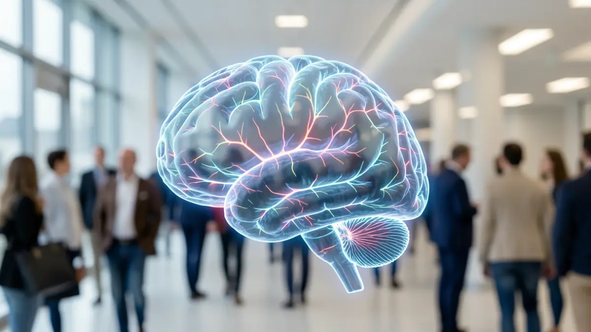 Primer plano de un escáner cerebral con sutiles vías neuronales brillantes, representando la salud mental y el estrés, sobre un fondo desenfocado del interior de un hospital moderno. Iluminación suave y difusa.
