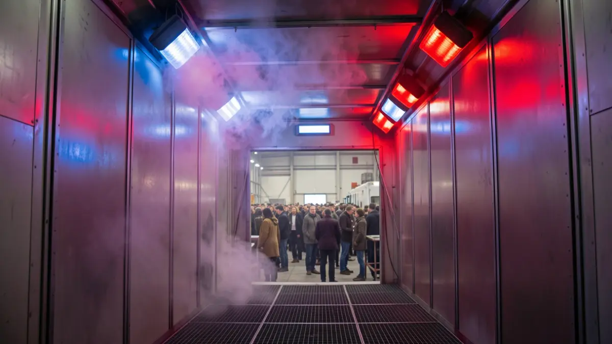 Imagen de una cabina de pintura industrial llena de humo, con luces de emergencia.