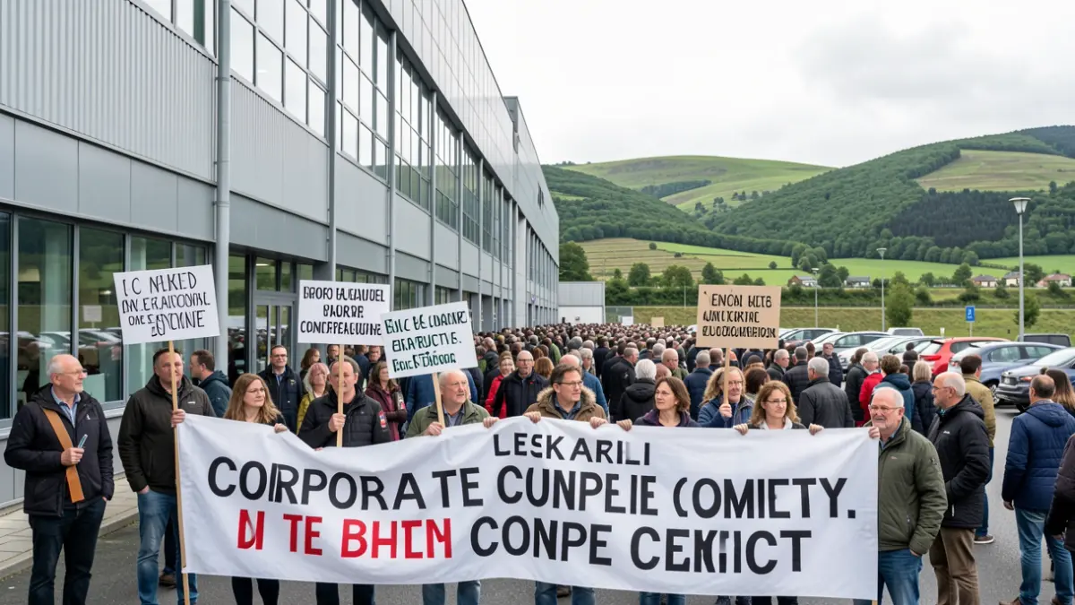 Protesta frente a la empresa CAF con paisaje de Euskadi de fondo.