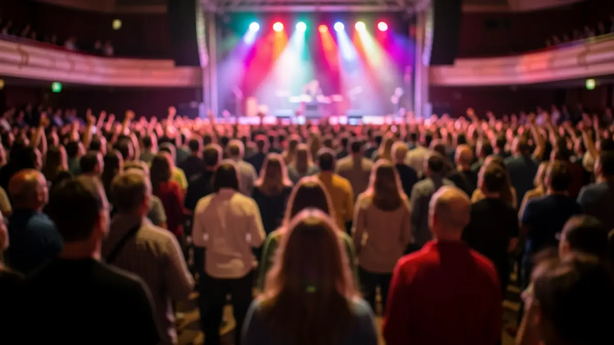 Blurred crowd at a concert with colorful stage lights.