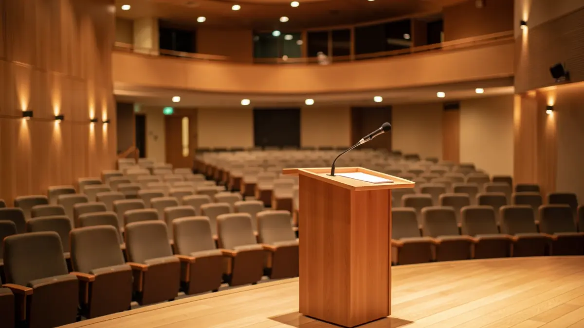 Generic image of a modern auditorium interior with empty seats and a podium.