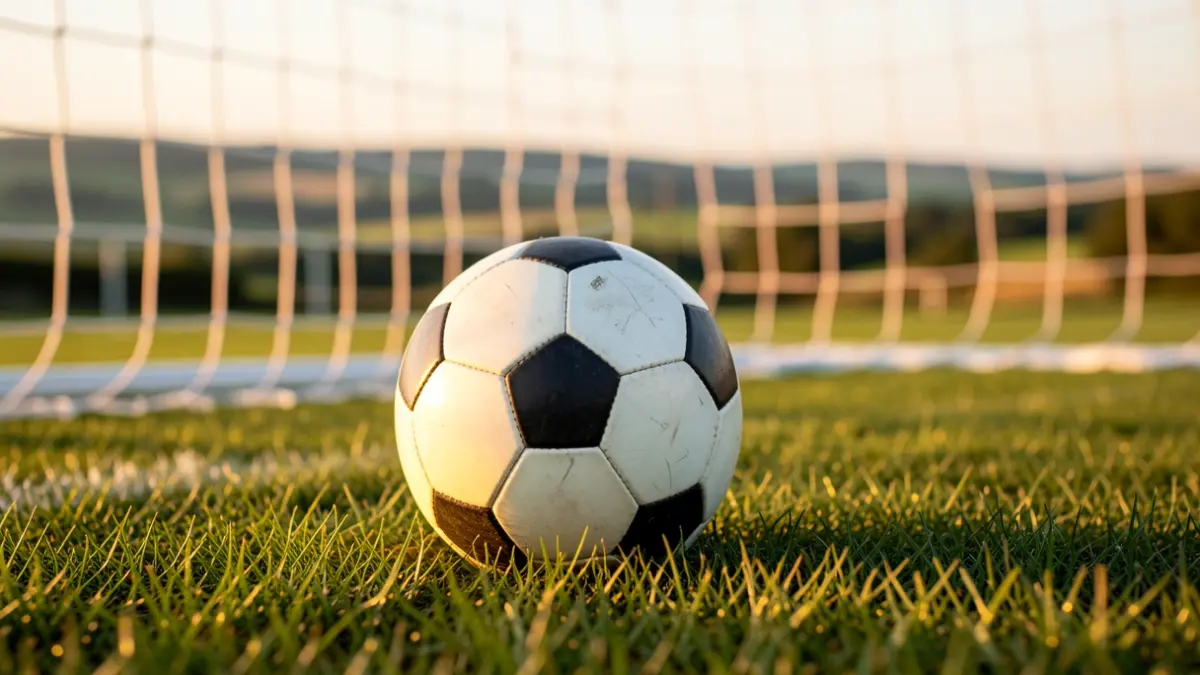 Futbol pilota belar gainean, sareta lausotuta.