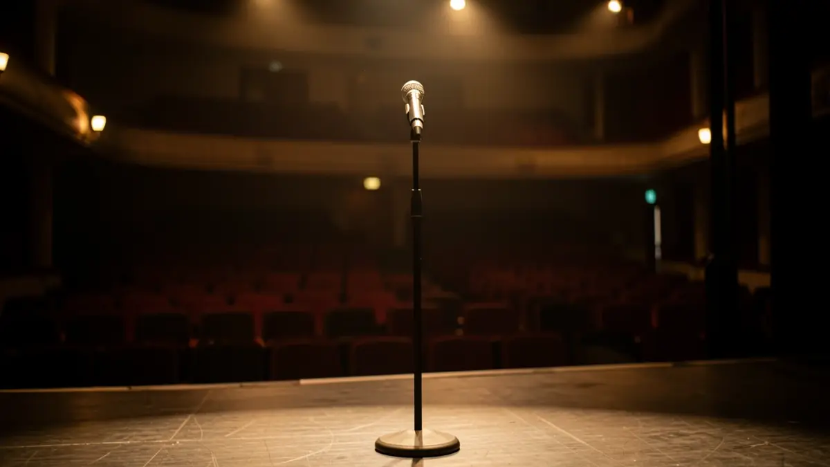 A dimly lit theater stage with a microphone, warm spotlights, and empty seats in the background.