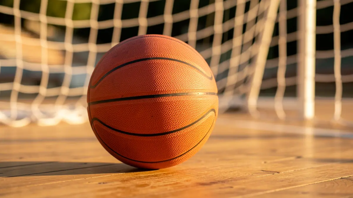 Un balón de baloncesto sobre suelo de madera, con luz dorada.